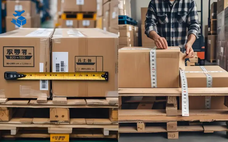 Measuring a package with tape measure for volumetric weight calculation