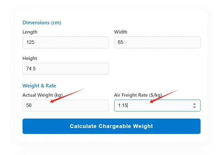 Step 2 of using the volumetric weight calculator showing input fields for actual weight and air freight rate